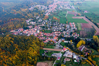 Vue aérienne de Champs agricoles et terres agricoles à Rothbach dans le département Bas Rhin, France