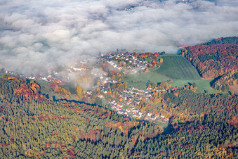 Vue aérienne de Vue de la ville sous la brume matinale à le quartier Erlenbach in Erbach dans le département Hesse, Allemagne
