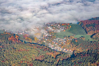 Vue aérienne de Vue de la ville sous la brume matinale à le quartier Erlenbach in Erbach dans le département Hesse, Allemagne