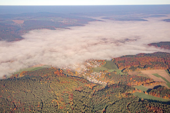 Photographie aérienne de Vue de la ville sous la brume matinale à le quartier Erlenbach in Erbach dans le département Hesse, Allemagne
