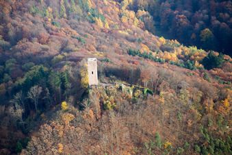 Vue aérienne de Ruines du château de Scharfenberg, appelé « Münz » à Leinsweiler dans le département Rhénanie-Palatinat, Allemagne