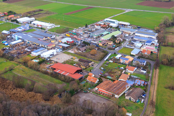 Vue aérienne de Zone industrielle Industriestraße avec Kurt Weis Fensterbau GmbH, centre équestre Petra Egalite et Conrad Lackierfachbetrieb à Billigheim-Ingenheim dans le département Rhénanie-Palatinat, Allemagne