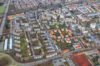 Vue aérienne de Quartier du Woogbach avec Heinrich-Heine-Straße à Speyer dans le département Rhénanie-Palatinat, Allemagne