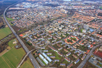 Quartier du Woogbach avec Heinrich-Heine-Straße à Speyer dans le département Rhénanie-Palatinat, Allemagne d'en haut