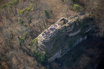 Vue aérienne de Groupe de randonnée sur les ruines de l'ancien château de Neukastel à Leinsweiler dans le département Rhénanie-Palatinat, Allemagne