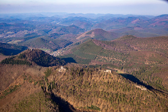 Vue aérienne de Ruines des châteaux de Löwenstein, Hohenburg et Wegelnburg depuis le sud à Wingen dans le département Bas Rhin, France
