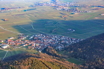 Vue aérienne de Ville viticole en bordure du Haardt vu de l'ouest à Eschbach dans le département Rhénanie-Palatinat, Allemagne