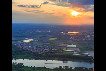 Vue aérienne de Coucher de soleil sur le Rhin à Hamm am Rhein dans le département Rhénanie-Palatinat, Allemagne