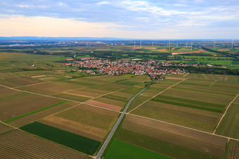 Photographie aérienne de Vue du village depuis le nord devant le parc éolien à le quartier Abenheim in Worms dans le département Rhénanie-Palatinat, Allemagne