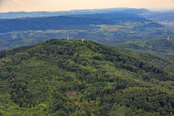 Vue aérienne de Pylônes de transmission sur le Melibokus à le quartier Hochstädten in Bensheim dans le département Hesse, Allemagne