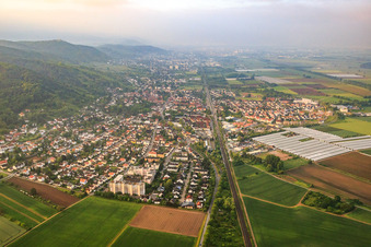 Photographie aérienne de Ligne de chemin de fer vers le sud et serres en plastique pour les fraises de la ferme d'asperges et de fruits Wendel à le quartier Sandwiese in Zwingenberg dans le département Hesse, Allemagne