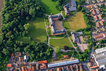 Vue aérienne de Parc du château avec domaine viticole Prince Löwenstein, Châteauform' Château Löwenstein à Kleinheubach dans le département Bavière, Allemagne
