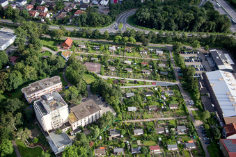 Vue aérienne de Parcelles d'un jardin familial à Wiesensee à Hemsbach dans le département Bade-Wurtemberg, Allemagne
