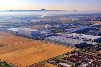 Vue aérienne de Zone industrielle Eduard-Fresenius-Straße avec Fresenius Medical Care Deutschland GmbH, LOGOSYS Logistik GmbH et LOGOSYS Logistik GmbH à Biebesheim am Rhein dans le département Hesse, Allemagne