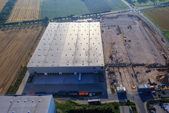 Vue aérienne de Chantier d'agrandissement de Trans Service Team GmbH sur l'Albert-Einstein-Straße à Biebesheim am Rhein dans le département Hesse, Allemagne