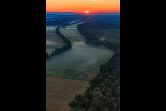 Lever de soleil dans l'Otterbachtal avec brume matinale à Kandel dans le département Rhénanie-Palatinat, Allemagne d'en haut