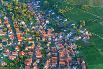 Vue aérienne de Église protestante Rechtenbach au bord des vignes à le quartier Rechtenbach in Schweigen-Rechtenbach dans le département Rhénanie-Palatinat, Allemagne