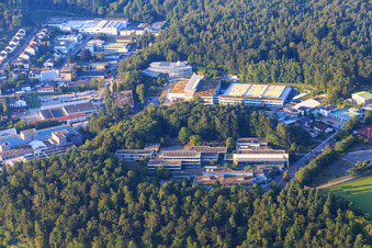 Vue aérienne de Zone commerciale Turnstraße avec piscine intérieure communautaire, école Otto Riehm, DENTAURUM GmbH & Co. KG et Rutronik Electronic Components GmbH à Ispringen dans le département Bade-Wurtemberg, Allemagne