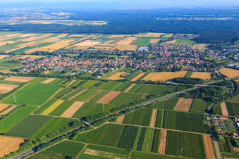 Vue aérienne de Vue de la ville au-delà de la B9 depuis le sud à Schwegenheim dans le département Rhénanie-Palatinat, Allemagne