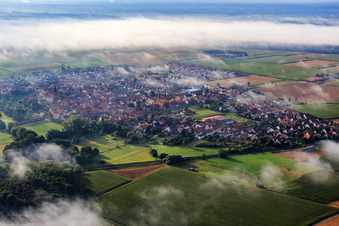 Vue aérienne de Vue du village avec la brume matinale du sud-ouest à Rohrbach dans le département Rhénanie-Palatinat, Allemagne