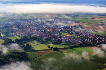 Vue aérienne de Vue du village avec la brume matinale du sud-ouest à Rohrbach dans le département Rhénanie-Palatinat, Allemagne