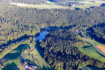 Vue aérienne de Zones riveraines boisées sur le lac Ebnisee à le quartier Ebni in Kaisersbach dans le département Bade-Wurtemberg, Allemagne