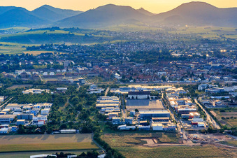 Vue aérienne de Nouveau parc des expositions et Marie-Curie-Straße vus de l'est dans la lumière du soir à le quartier Queichheim in Landau in der Pfalz dans le département Rhénanie-Palatinat, Allemagne