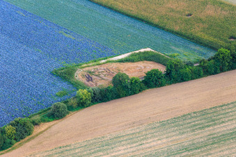 Fondation du chantier de construction d'une éolienne à Hatzenbühl dans le département Rhénanie-Palatinat, Allemagne depuis l'avion