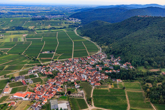 Vue aérienne de Village viticole au pied du Haardtrand vu du nord à Eschbach dans le département Rhénanie-Palatinat, Allemagne