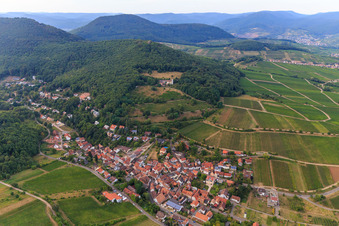 Vue aérienne de Village viticole au pied du Haardtrand vu du sud à Leinsweiler dans le département Rhénanie-Palatinat, Allemagne
