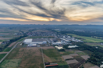 Vue aérienne de Zone industrielle et commerciale Est (Prowell GmbH) au coucher du soleil sur le Haardt à Offenbach an der Queich dans le département Rhénanie-Palatinat, Allemagne