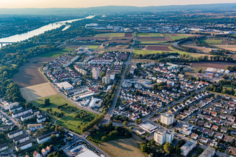 Vue aérienne de Les rives du Rhin dans le district de Gustavsburg à Ginsheim-Gustavsburg dans le département Hesse, Allemagne
