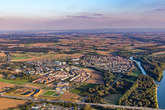 Vue aérienne de Les rives du Rhin dans le district de Gustavsburg à Ginsheim-Gustavsburg dans le département Hesse, Allemagne