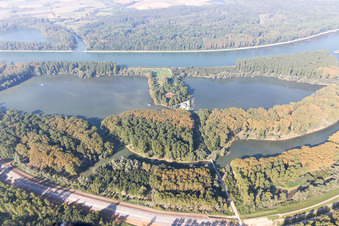Vue aérienne de Restaurant Insel Rott am Rhein à Linkenheim-Hochstetten dans le département Bade-Wurtemberg, Allemagne