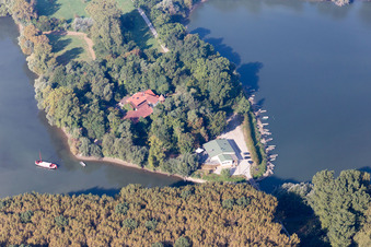 Vue aérienne de Restaurant Insel Rott am Rhein à Linkenheim-Hochstetten dans le département Bade-Wurtemberg, Allemagne