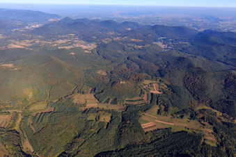 Vue aérienne de Vue d'ensemble du Wasgau depuis le sud-ouest avec les ruines du château de Lindelbrunn à Vorderweidenthal dans le département Rhénanie-Palatinat, Allemagne