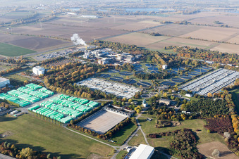 Station d'épuration des eaux usées de BASF à le quartier Mörsch in Frankenthal dans le département Rhénanie-Palatinat, Allemagne du point de vue du drone