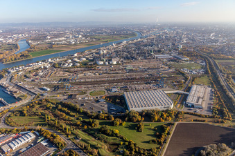 Vue aérienne de Locaux de l'usine du producteur de produits chimiques BASF (Porte 15 au nord de la gare de fret) à le quartier BASF in Ludwigshafen am Rhein dans le département Rhénanie-Palatinat, Allemagne