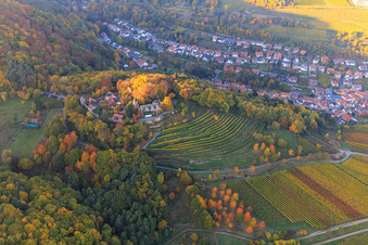 Vue aérienne de Le château de Kropsburg aux couleurs d'automne vu du sud à le quartier SaintMartin in Sankt Martin dans le département Rhénanie-Palatinat, Allemagne