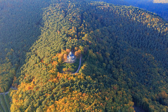 Vue aérienne de La chapelle Sainte-Anne dans la forêt d'automne à Burrweiler dans le département Rhénanie-Palatinat, Allemagne