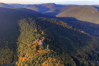 Photographie aérienne de La chapelle Sainte-Anne dans la forêt d'automne à Burrweiler dans le département Rhénanie-Palatinat, Allemagne