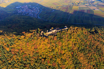 Ruines du château de Madenburg dans la forêt d'automne à la lumière du soir à Eschbach dans le département Rhénanie-Palatinat, Allemagne hors des airs