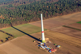 Vue aérienne de Chantier de construction de mâts d'éoliennes à Hatzenbühl dans le département Rhénanie-Palatinat, Allemagne
