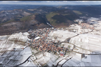 Vue aérienne de Vignobles enneigés en hiver au bord du Haardt à Frankweiler dans le département Rhénanie-Palatinat, Allemagne