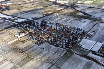 Vue aérienne de Vue d'un village viticole en hiver entre des vignes enneigées depuis le nord-est à Walsheim dans le département Rhénanie-Palatinat, Allemagne