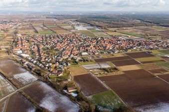 Vue aérienne de Champs agricoles et terres agricoles à Zeiskam dans le département Rhénanie-Palatinat, Allemagne