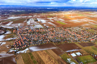 Vue aérienne de Vue d'ensemble du village en hiver avec peu de neige du sud à Minfeld dans le département Rhénanie-Palatinat, Allemagne