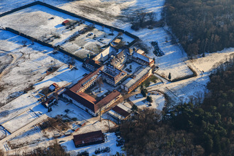 Pension pour chevaux au monastère de Liebfrauenberg en hiver avec de la neige à Bad Bergzabern dans le département Rhénanie-Palatinat, Allemagne d'en haut