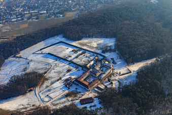 Pension pour chevaux au monastère de Liebfrauenberg en hiver avec de la neige à Bad Bergzabern dans le département Rhénanie-Palatinat, Allemagne hors des airs