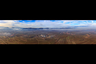 Vue aérienne de Panorama du Haardt de Göcklingen à Landau en hiver avec des nuages bas à Ilbesheim bei Landau dans le département Rhénanie-Palatinat, Allemagne
